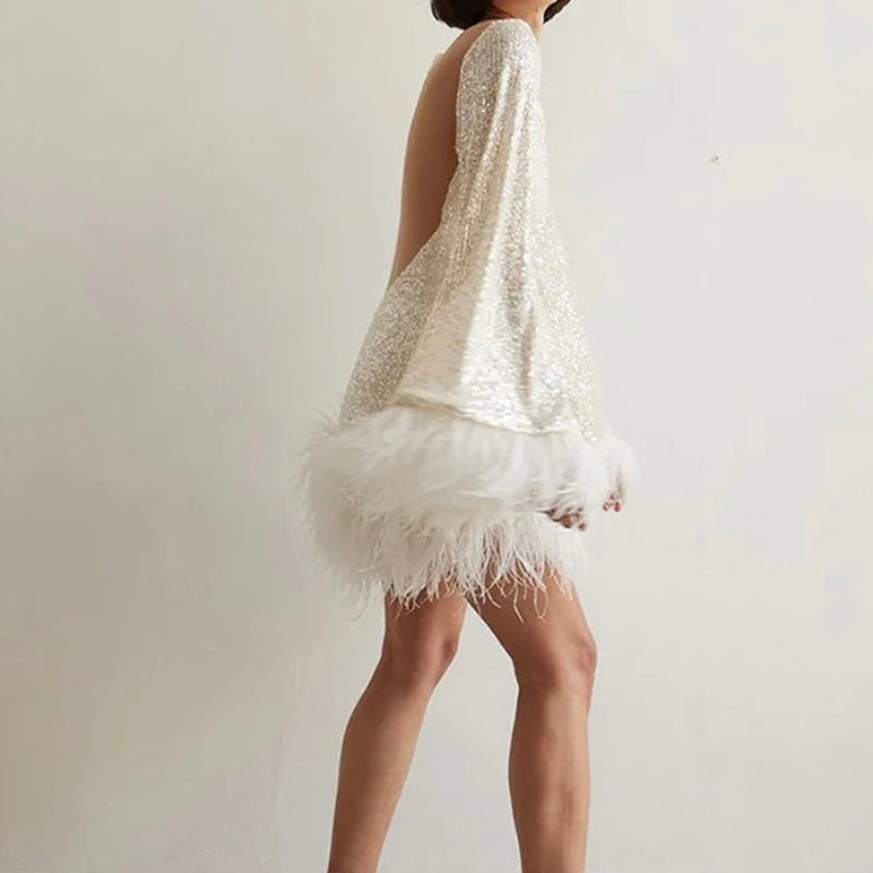 Women's Mini Fitted Dress with Sequin Hem and Feather Details - Elegant Party Wear