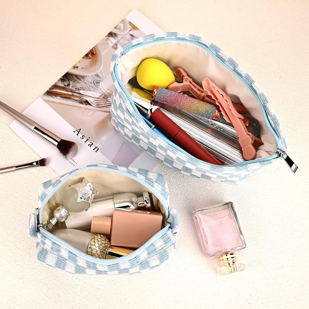 Essential Checked Makeup Bag Set - Stylish & Functional Cosmetic Organizers