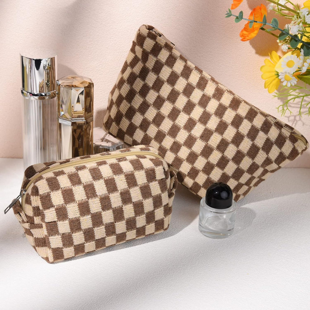 Essential Checked Makeup Bag Set - Stylish & Functional Cosmetic Organizers