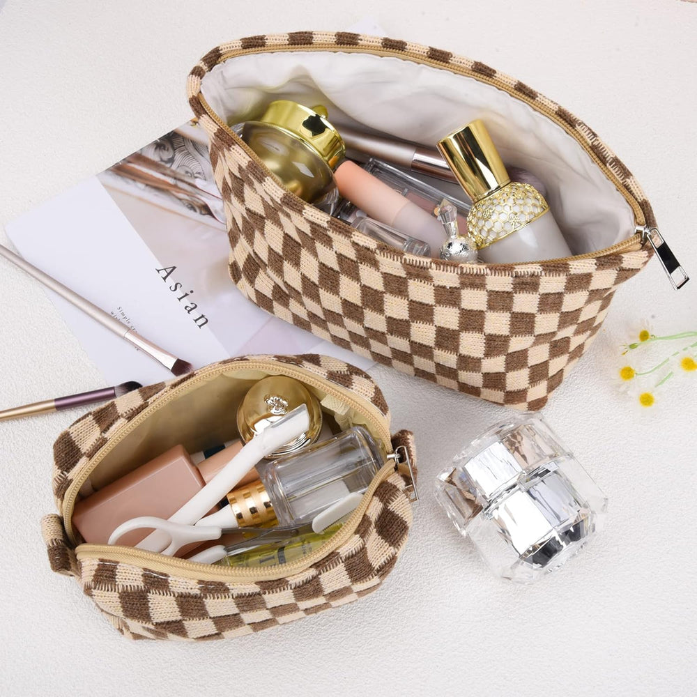 Essential Checked Makeup Bag Set - Stylish & Functional Cosmetic Organizers