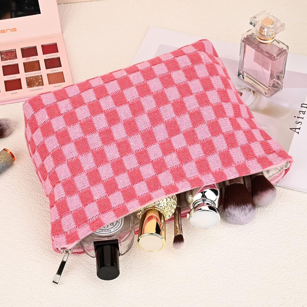 Essential Checked Makeup Bag Set - Stylish & Functional Cosmetic Organizers