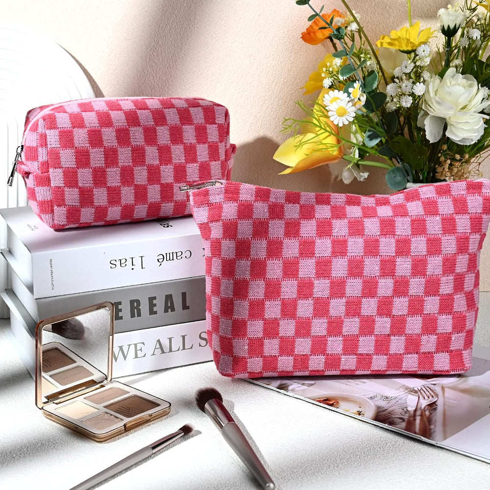 Essential Checked Makeup Bag Set - Stylish & Functional Cosmetic Organizers
