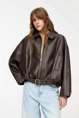 Women's belted leather jacket, view 1