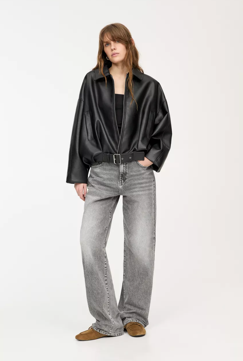 Women's belted leather jacket, view 2