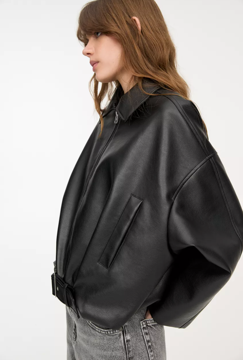 Women's belted leather jacket, view 5