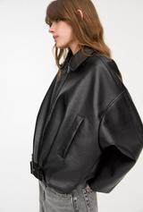 Women's belted leather jacket, view 5