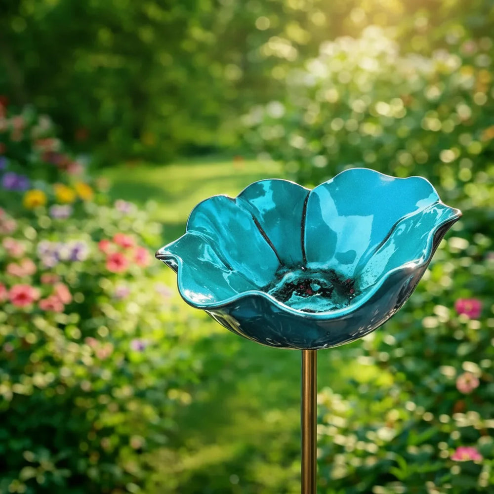 Vogeltränke aus Metall – Mohnblüten-Design für Garten & Balkon