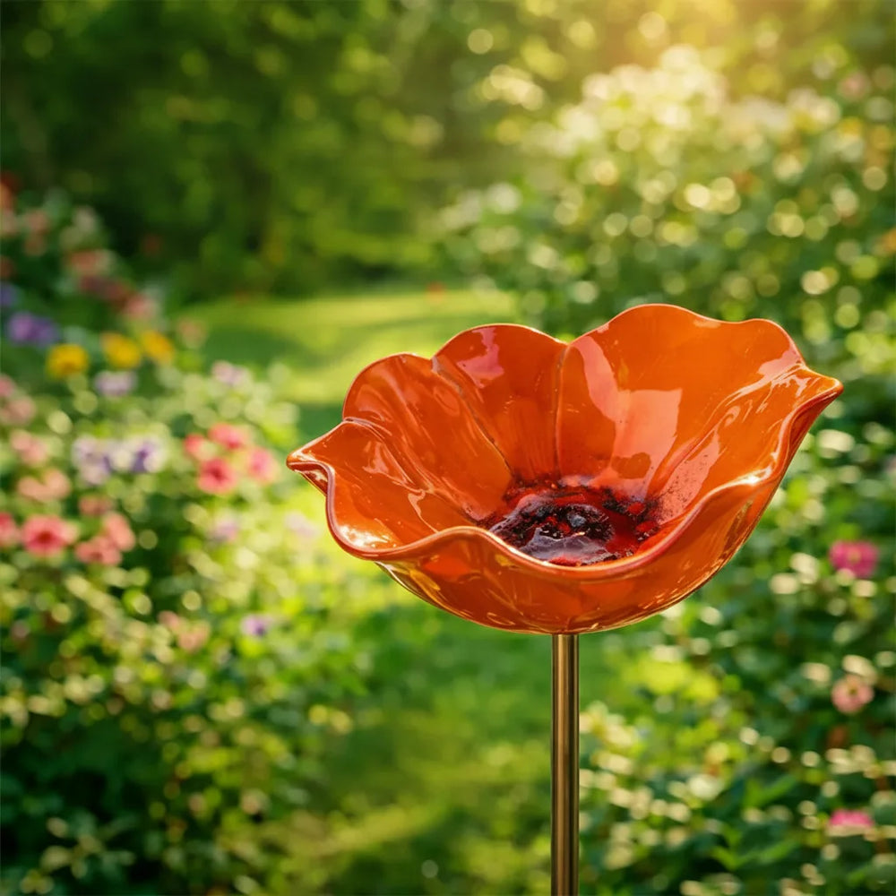 Vogeltränke aus Metall – Mohnblüten-Design für Garten & Balkon