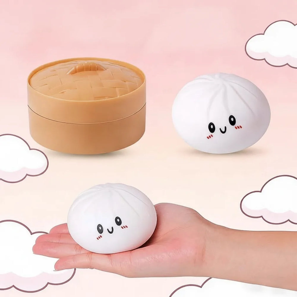 Baozi Dumpling Squeeze Toy – Soft Squishy, Steamer Basket Case & 10 Colors
