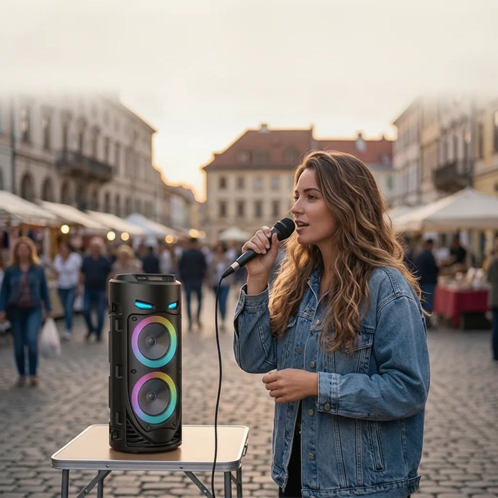Portable Bluetooth Speaker with Microphone – 16W Sound, RGB Light & Remote Control