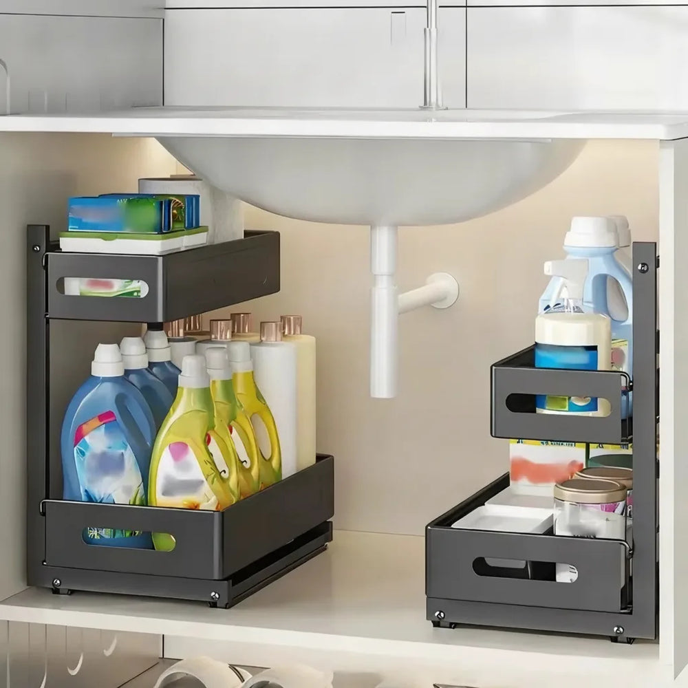 2-Tier Pull-Out Cabinet Organizer – Steel Frame, Height-Adjustable & Sliding Baskets