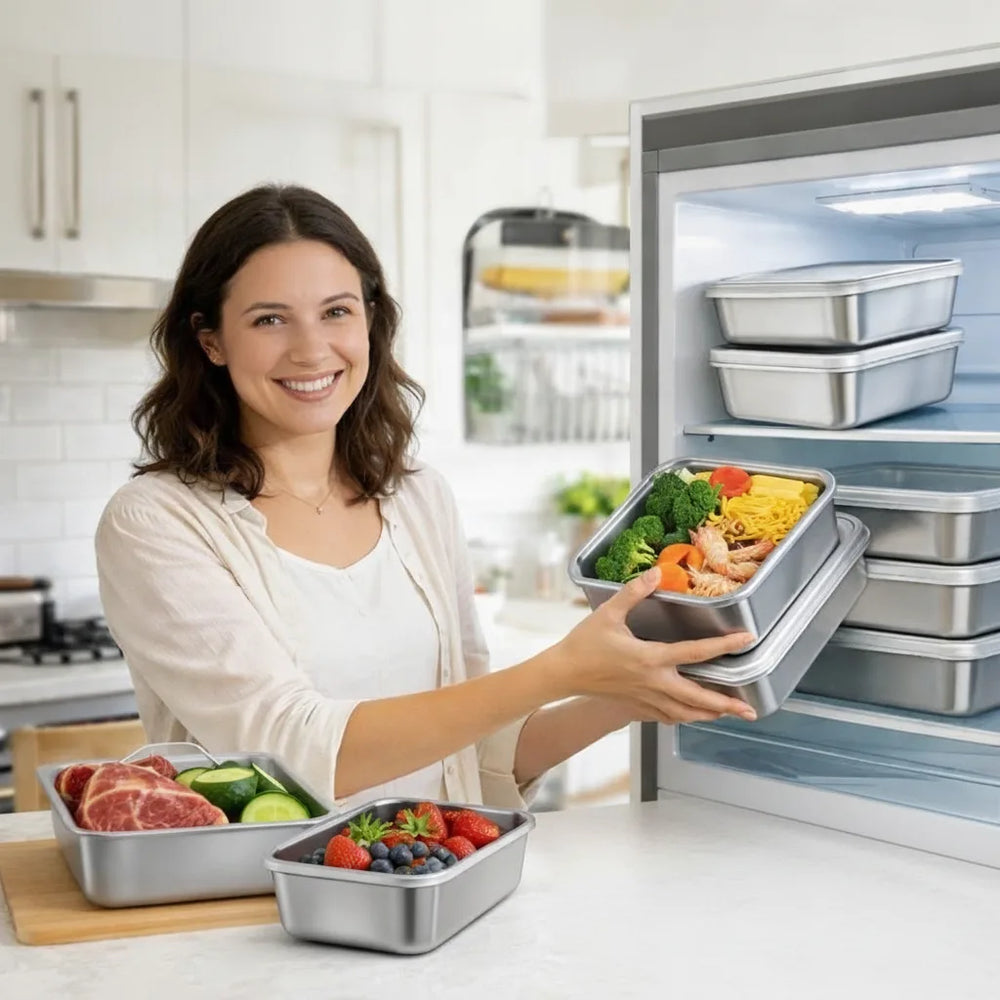 Stainless Steel Food Container Set – 3 Airtight Lids, Stackable & Dishwasher-Safe