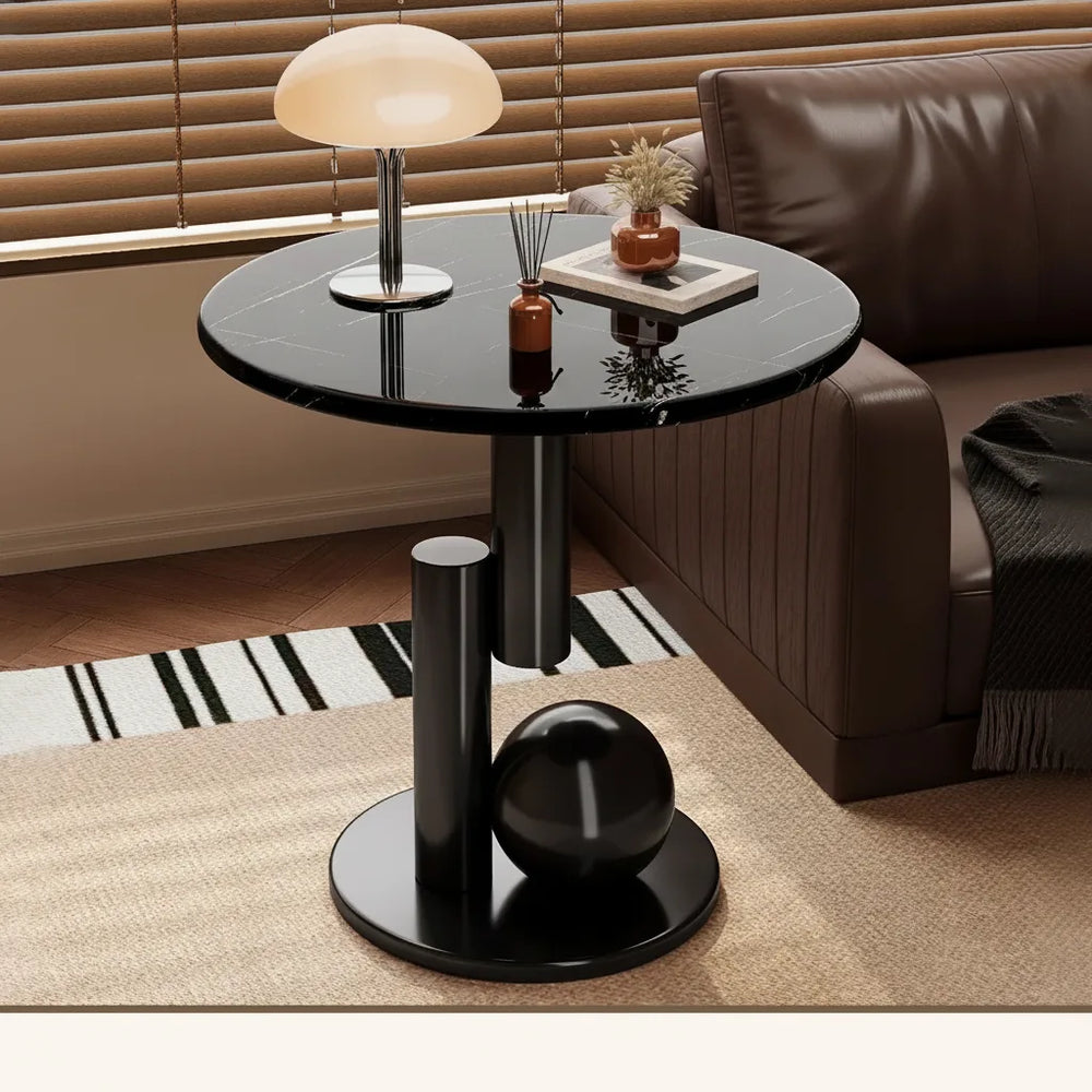 Round Side Table – Marble-Look Top, Wood Frame & Sculptural Base