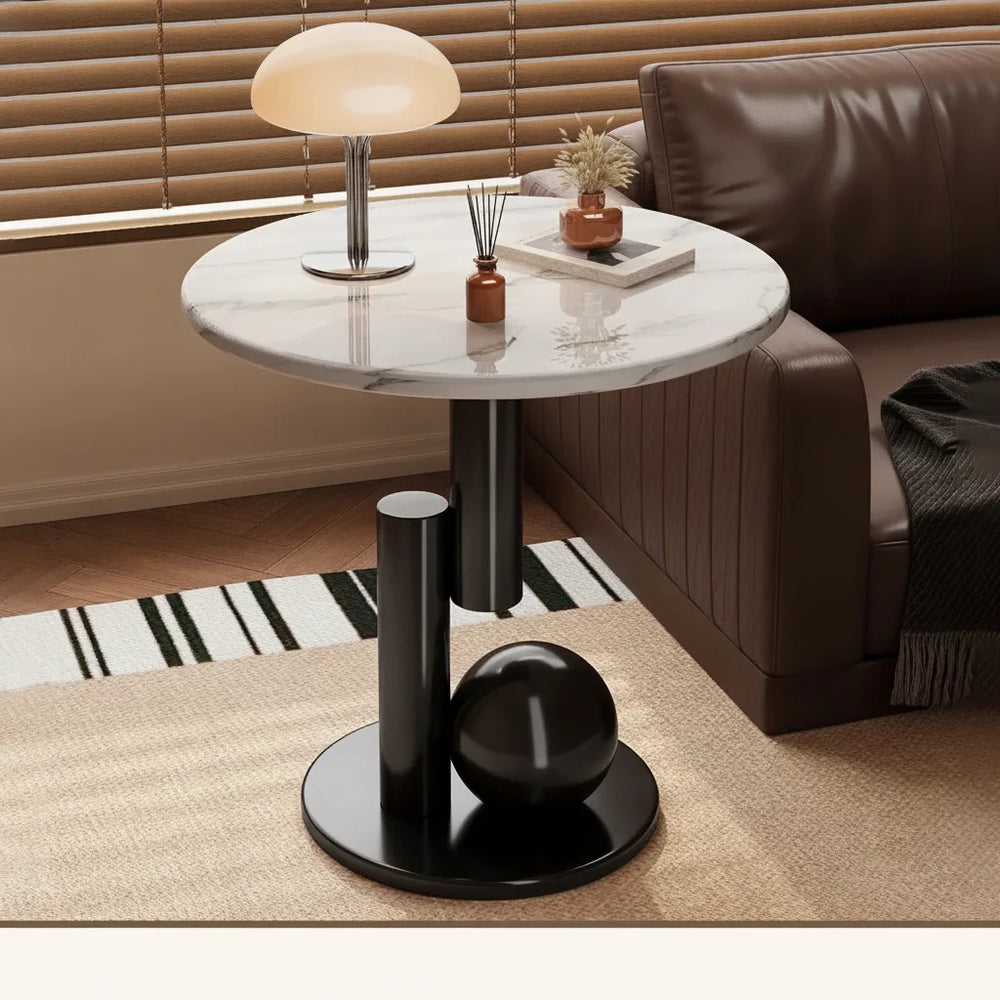 Round Side Table – Marble-Look Top, Wood Frame & Sculptural Base