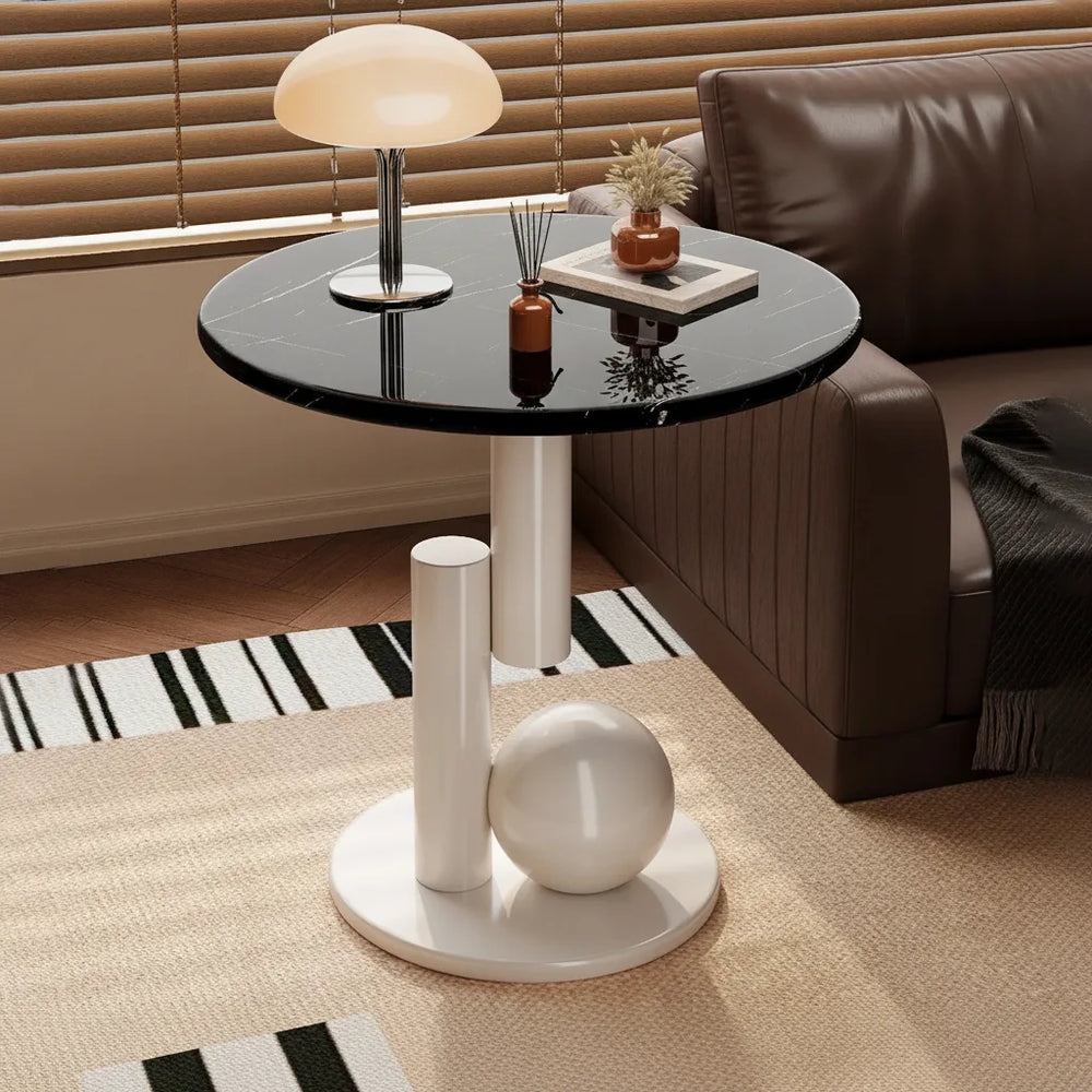 Round Side Table – Marble-Look Top, Wood Frame & Sculptural Base