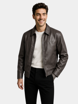 Men's zip-through leather jacket, view 1