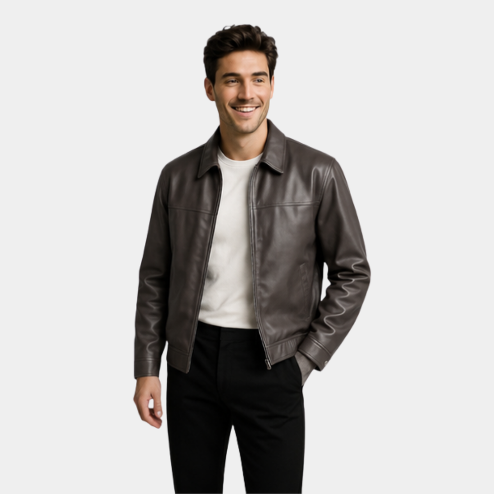 Men's zip-through leather jacket, view 2