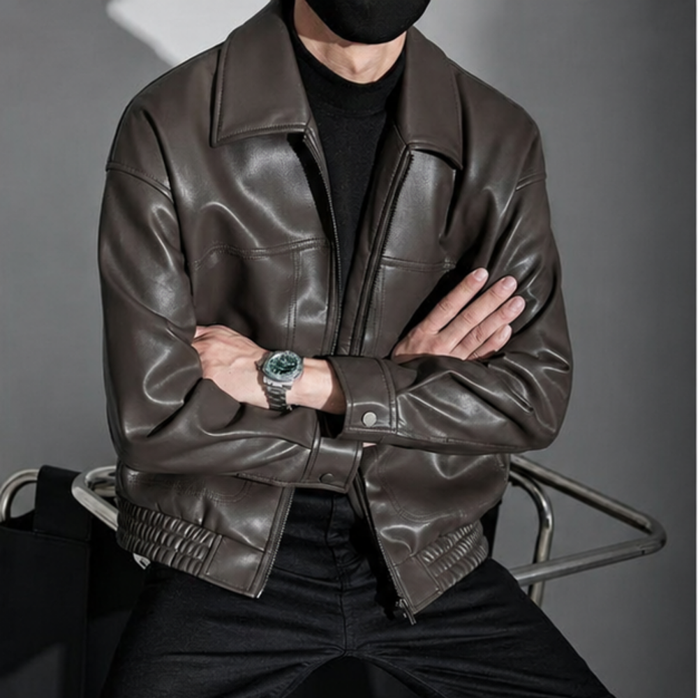 Men's zip-through leather jacket, view 3