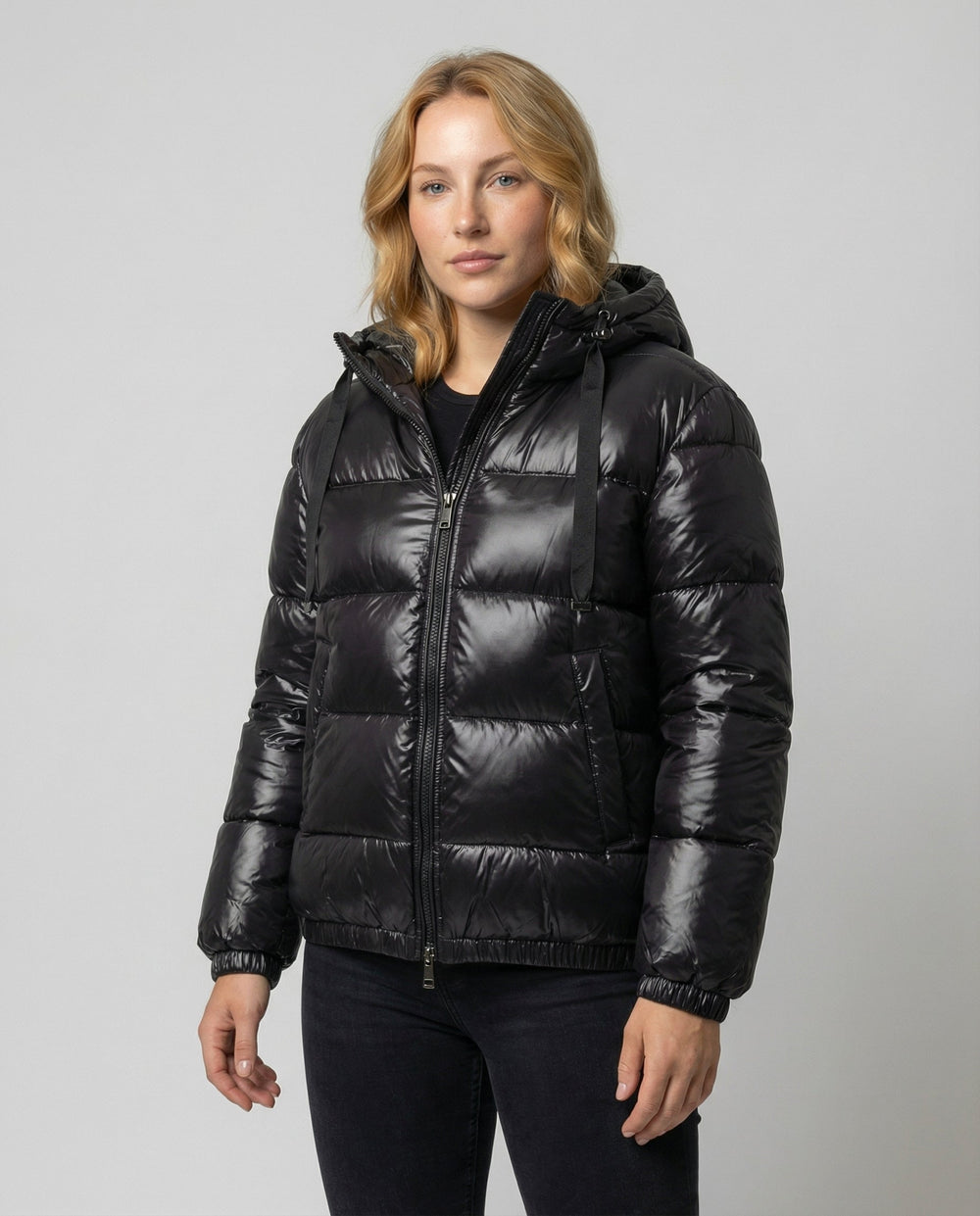 Women's hooded puffer jacket, view 1