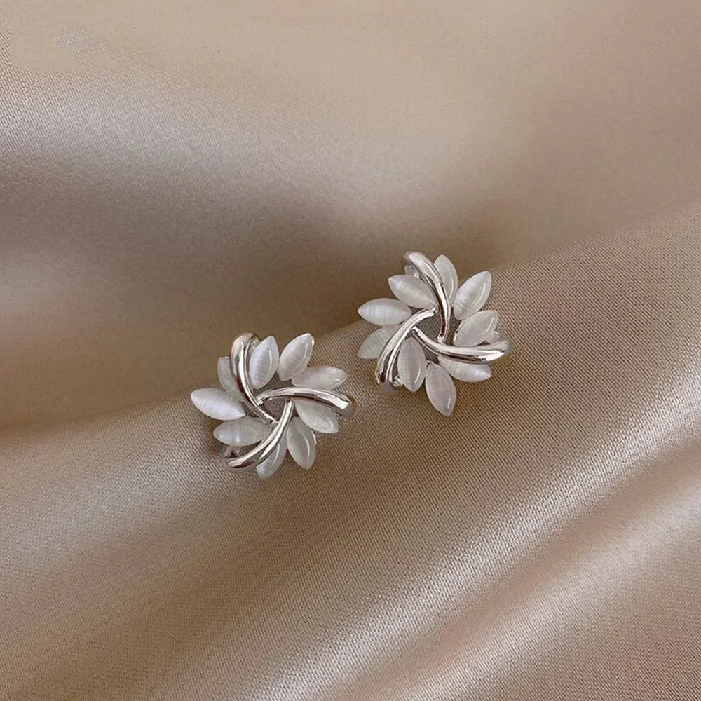 Amara Round Opal Flower Stud Earrings - Silver