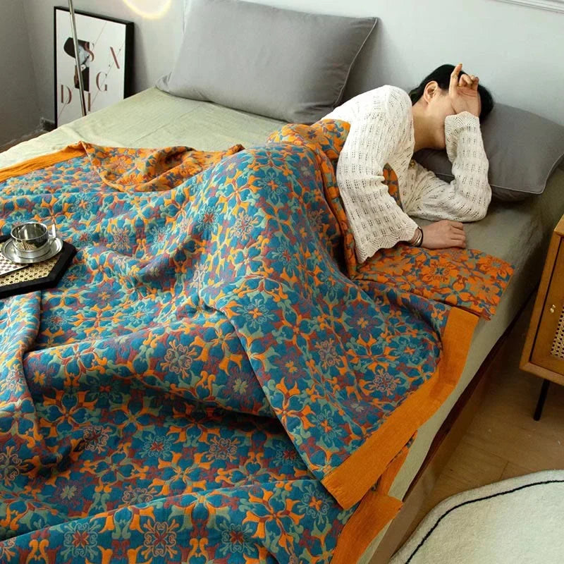 TerraLoom Six-Layer Cotton Quilt - Vibrant Orange & Blue Patterned Bedding for Ultimate Comfort