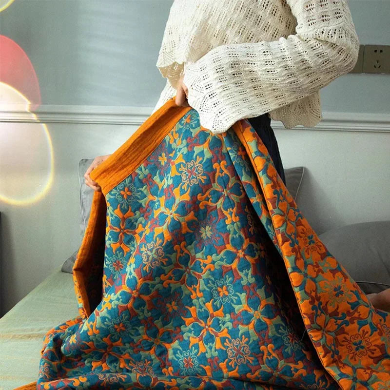 TerraLoom Six-Layer Cotton Quilt - Vibrant Orange & Blue Patterned Bedding for Ultimate Comfort