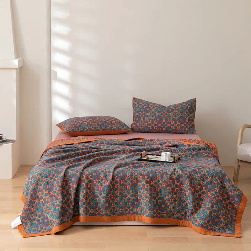 TerraLoom Six-Layer Cotton Quilt - Vibrant Orange & Blue Patterned Bedding for Ultimate Comfort