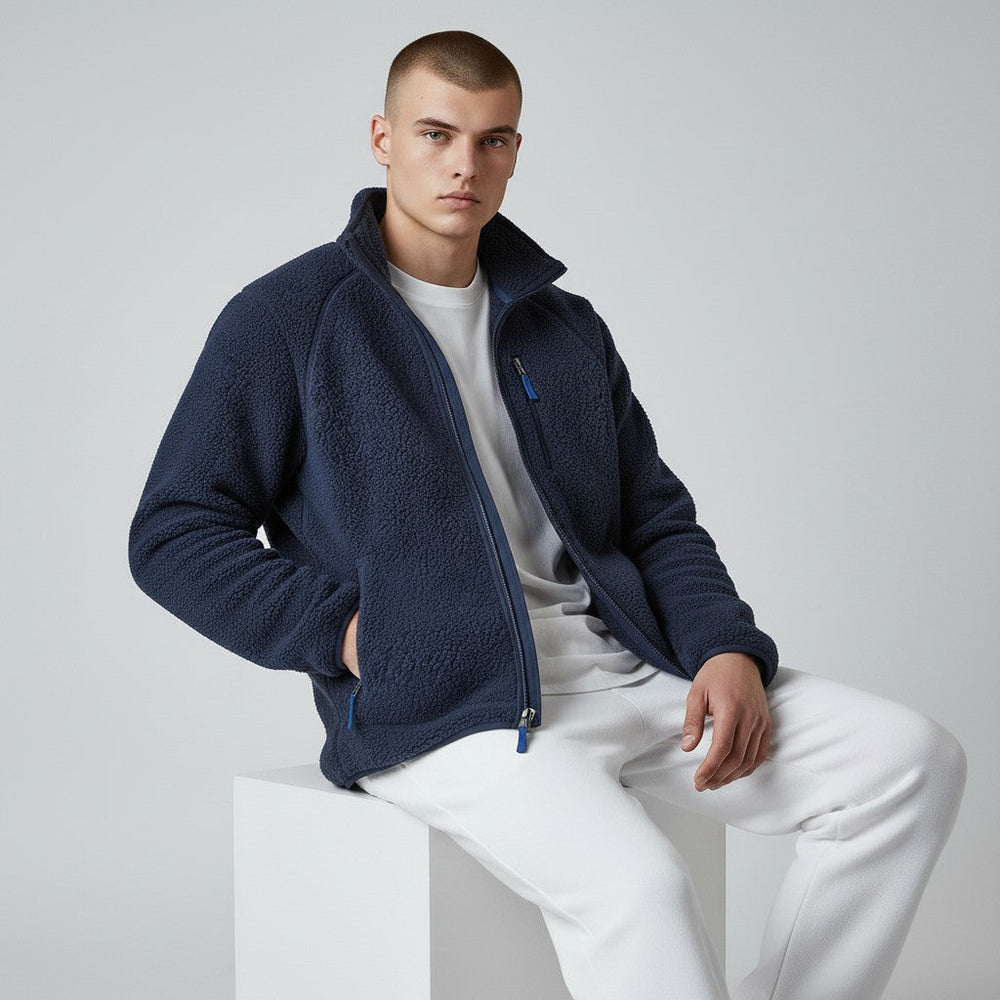 Men's oversized wrap coat styled with trousers