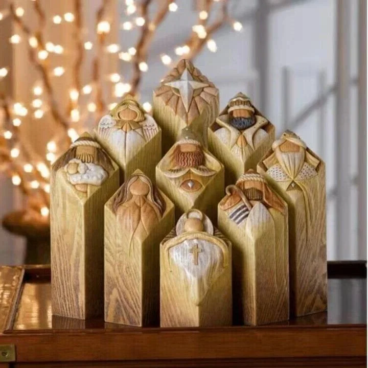 9-Piece Heavenly Nativity Tree Pillar Statue Set - Elegant Christmas Decor for Holiday Celebrations
