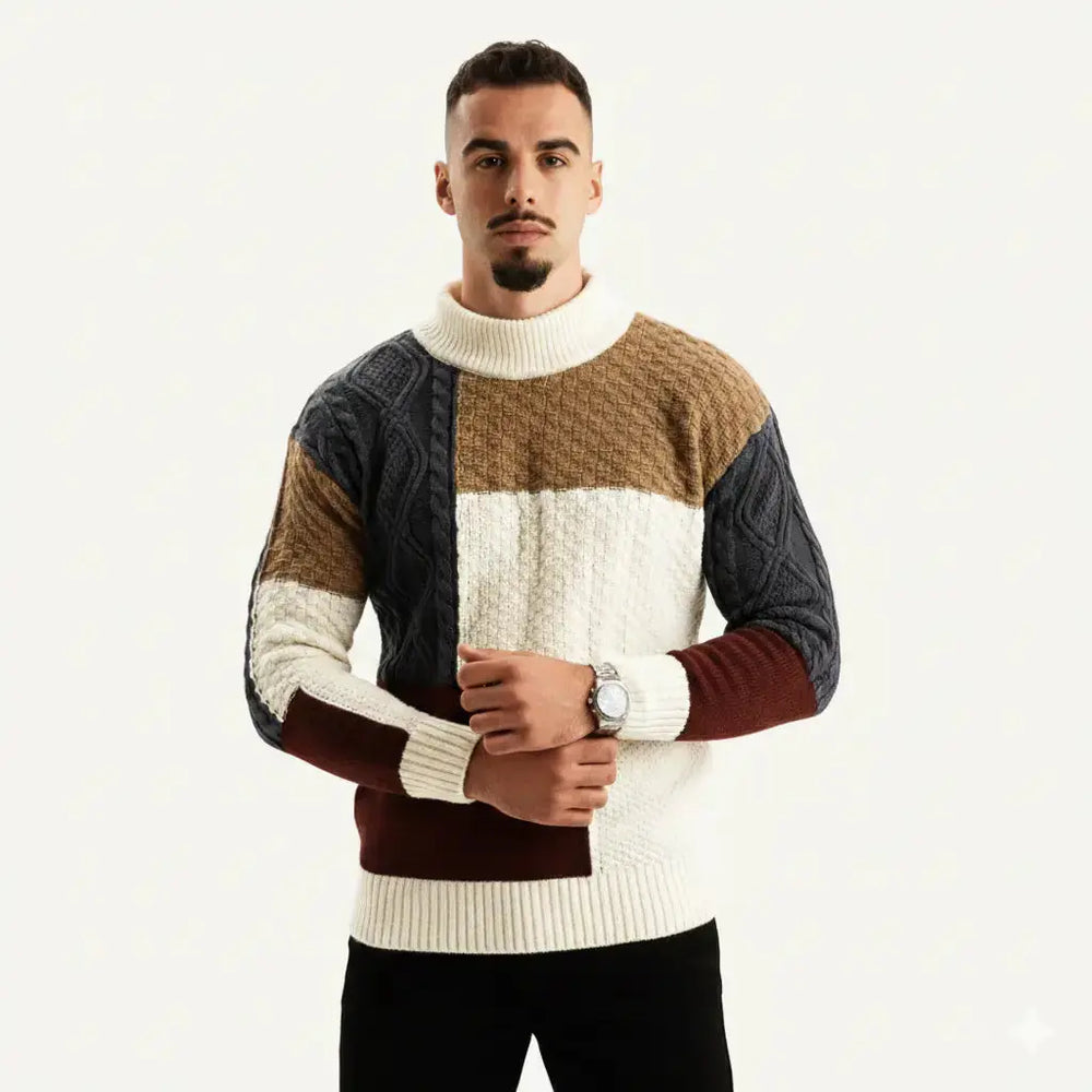 Patchwork Knit Sweater with Ribbed Hem and Long Sleeves