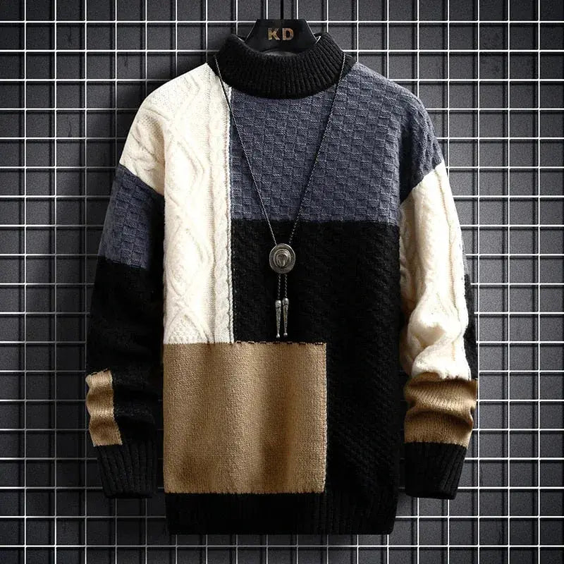 Patchwork Knit Sweater with Ribbed Hem and Long Sleeves
