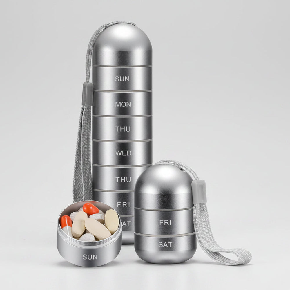 Pill Organizer – Portable, Travel-Friendly & 7-Compartment Aluminum Case