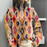 Fenna Geometric Diamond Pattern Knit Sweater - Stylish Women's Pullover for Cozy Comfort