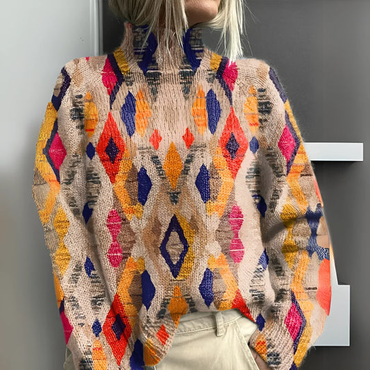 Fenna Geometric Diamond Pattern Knit Sweater - Stylish Women's Pullover for Cozy Comfort