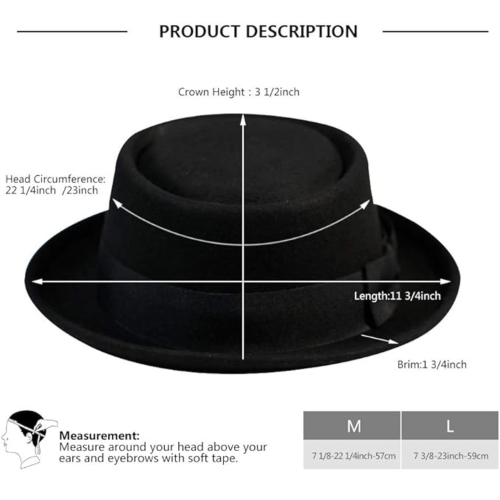 Evan Pork Pie Wool Felt Fedora Hat for Men - Stylish & Comfortable Headwear