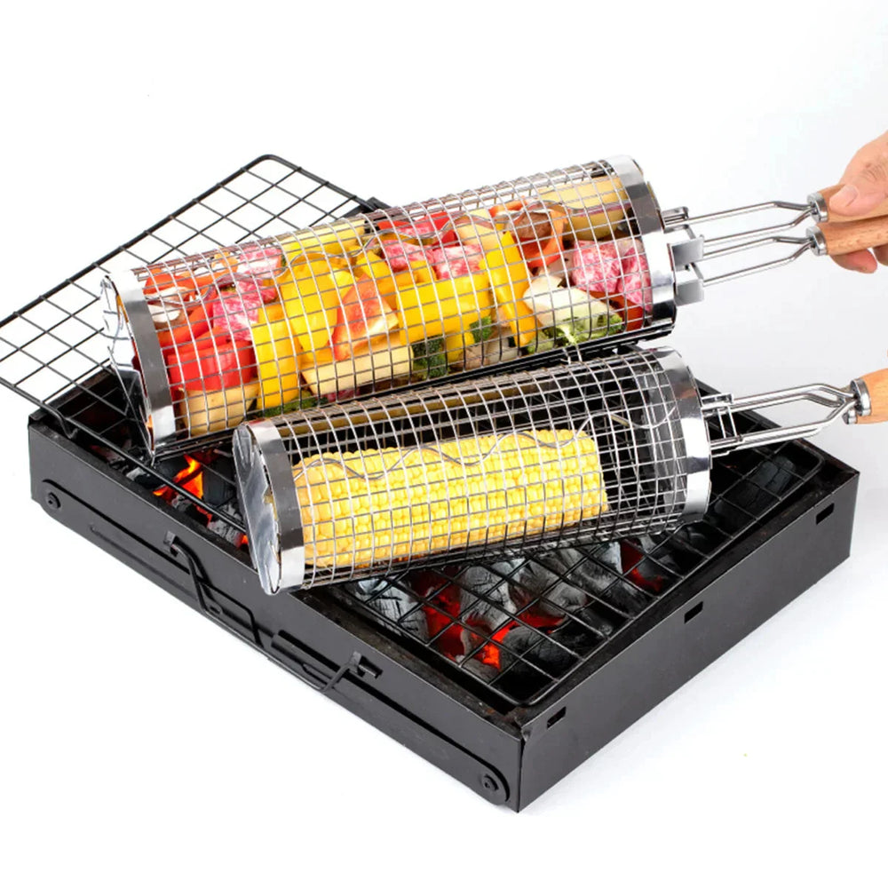 Rolling Grill Basket – Stainless Steel, 360° Rotation & Wooden Handle