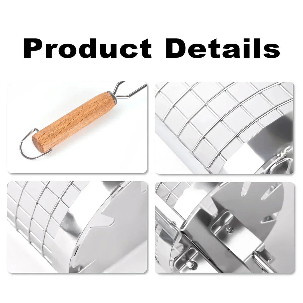 Rolling Grill Basket – Stainless Steel, 360° Rotation & Wooden Handle