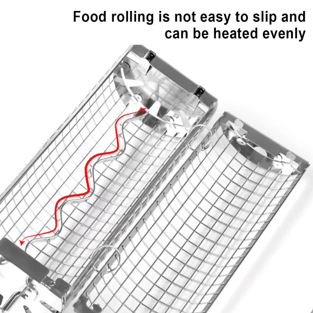 Rolling Grill Basket – Stainless Steel, 360° Rotation & Wooden Handle