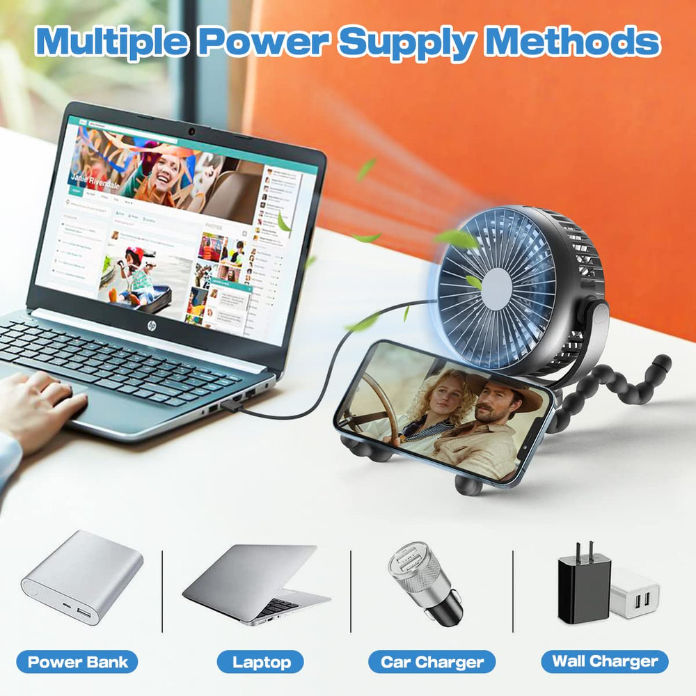 Portable Stroller Fan with 8000mAh Battery - Rechargeable, Quiet, and Adjustable for Baby Comfort