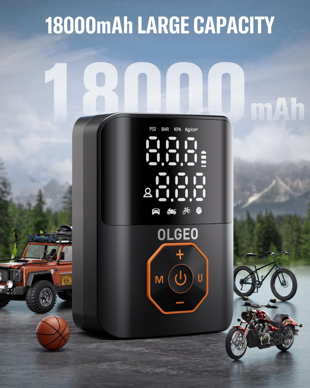 Portable Tire Pump - 18000mAh High-Power Air Compressor for Cars & Motorcycles - Fast Inflation, Compact Design, Ideal for Road Trips