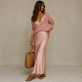 Rose Satin Slip Maxi Dress styled with knit