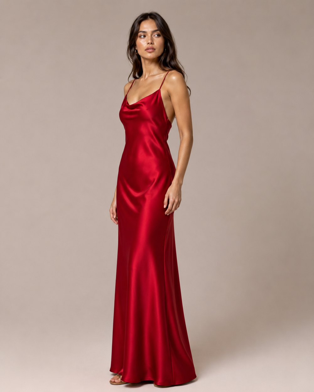Crimson Cowl Neck Slip Gown detail