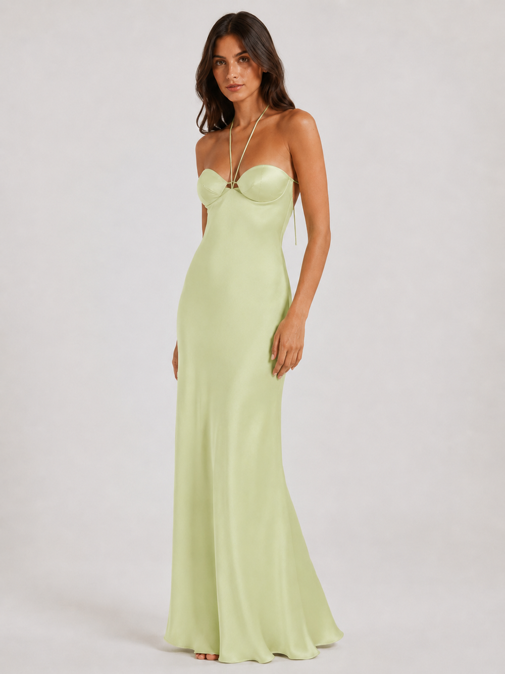 Sage Halter Satin Slip Gown