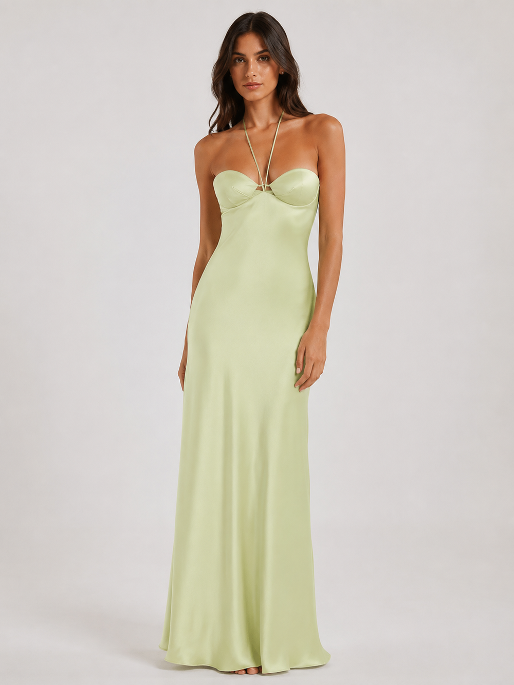 Sage Halter Satin Slip Gown side view
