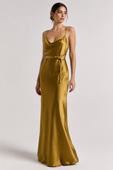 Olive Belted Satin Slip Gown