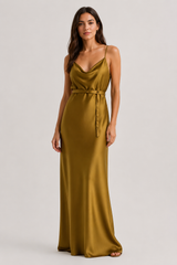 Olive Belted Satin Slip Gown side view