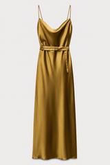 Olive Belted Satin Slip Gown detail