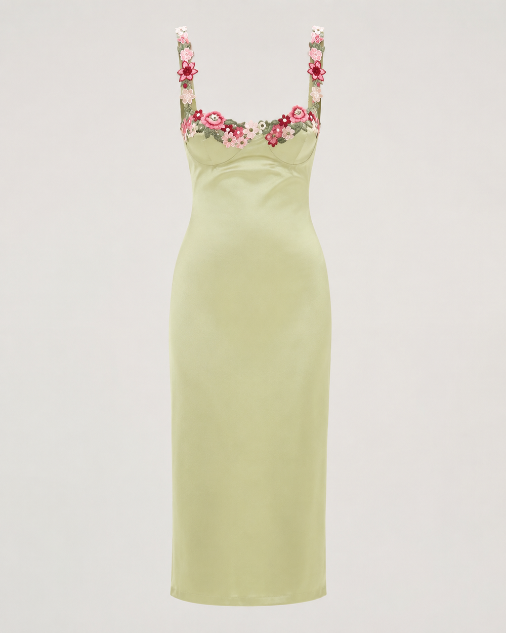 Floral Embroidered Satin Midi Dress