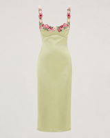 Floral Embroidered Satin Midi Dress