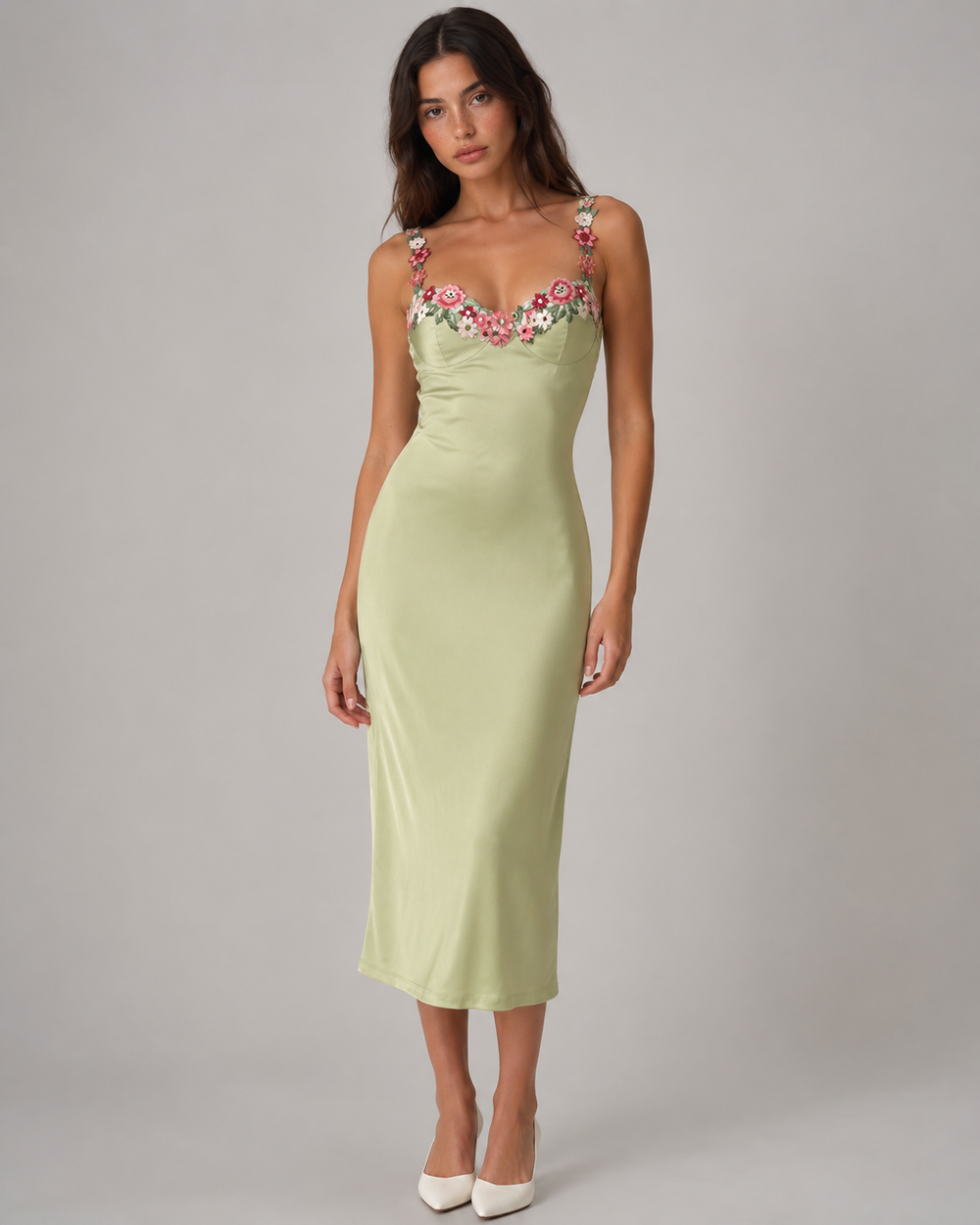Floral Embroidered Satin Midi Dress detail